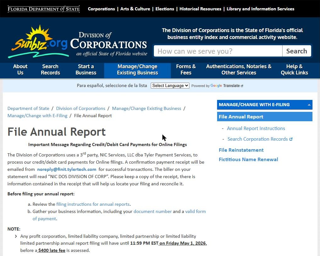 Ảnh chụp trang File Annual Report của Florida Division of Corporations (Sunbiz)