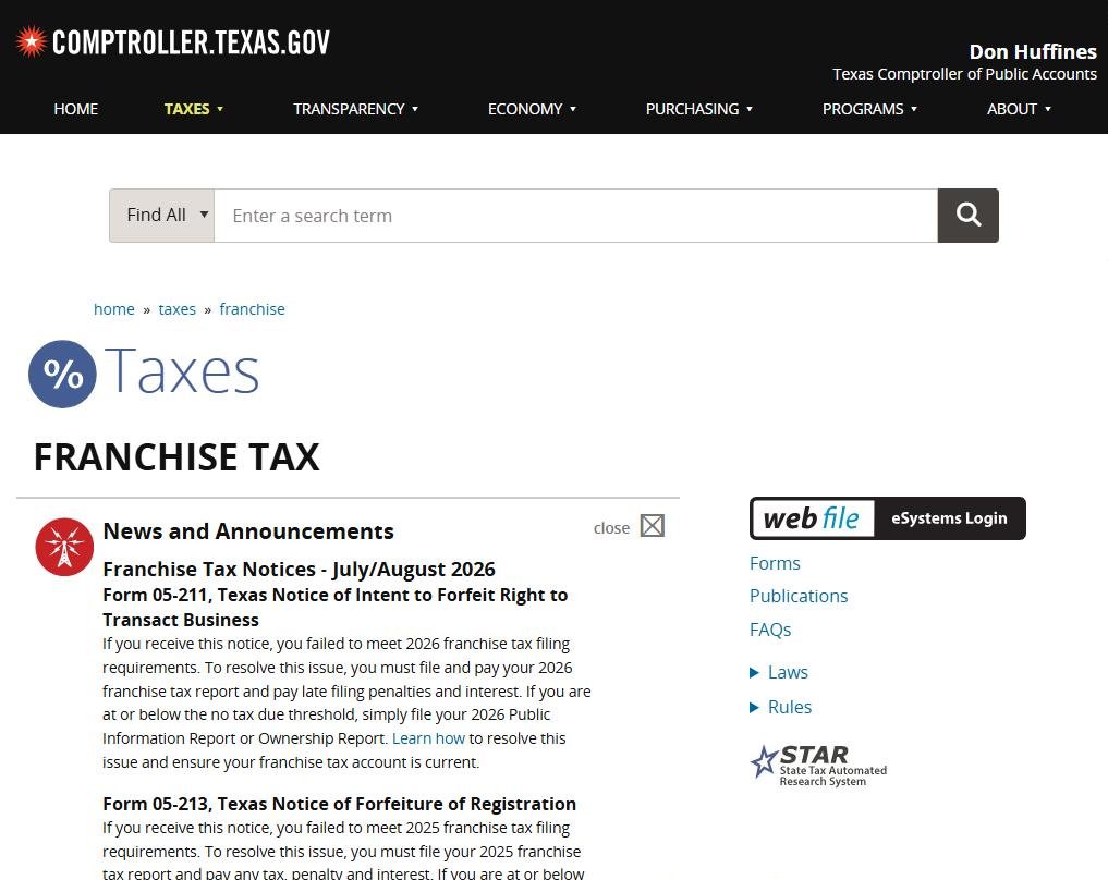 Trang Franchise Tax của Texas Comptroller với nút đăng nhập Webfile