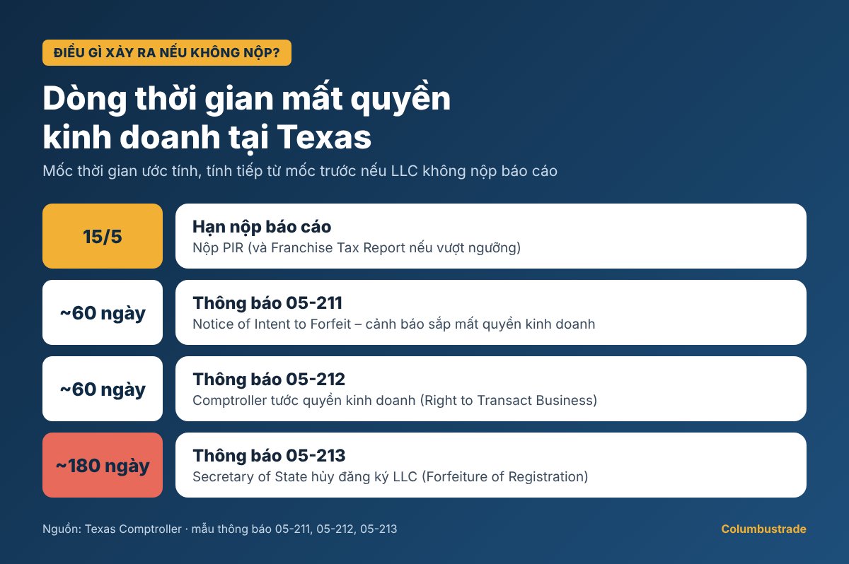 Dòng thời gian mất quyền kinh doanh khi LLC Texas không nộp báo cáo năm