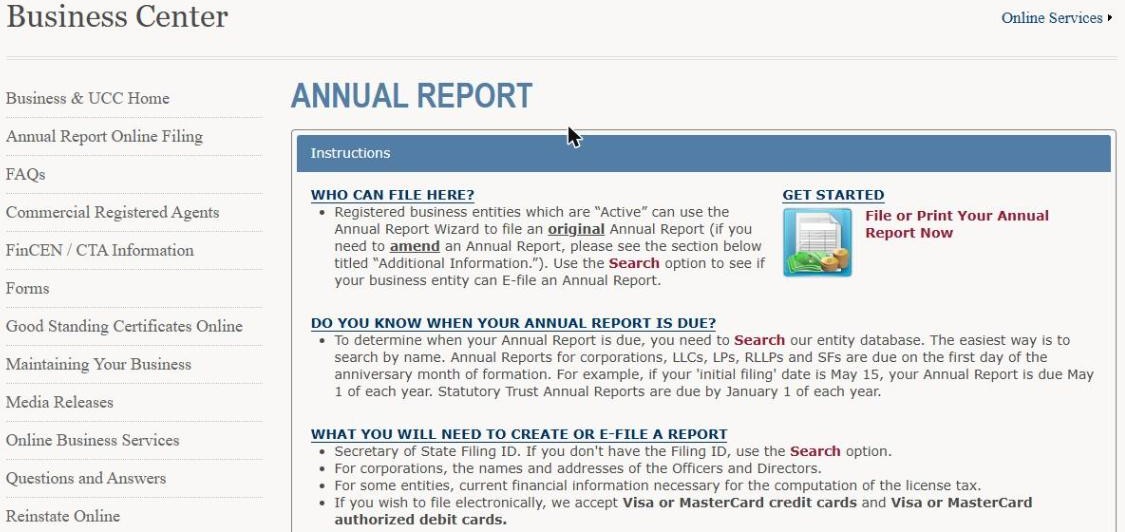 Trang Annual Report trên website Wyoming Secretary of State