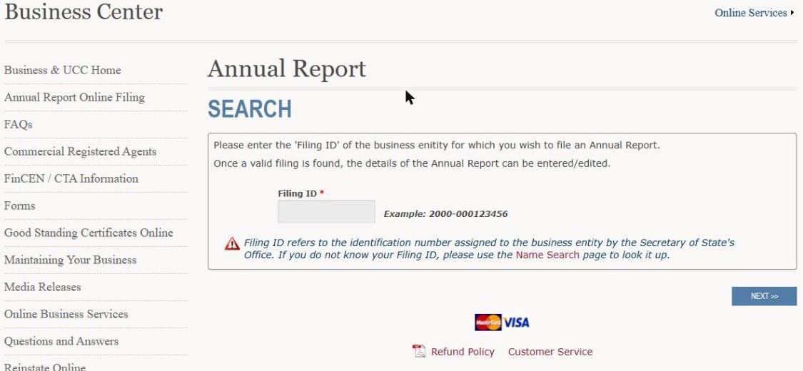 Bước nhập Filing ID khi nộp báo cáo năm Wyoming