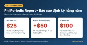 Bảng phí Periodic Report LLC Colorado: 25 USD đúng hạn, phạt trễ 50 USD, khôi phục Delinquent 100 USD