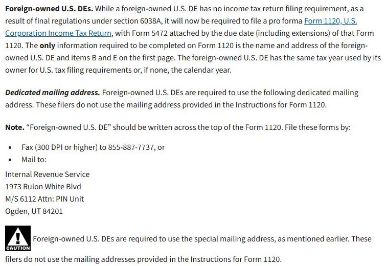 Ảnh chụp hướng dẫn IRS: foreign-owned U.S. DE nộp pro forma 1120 kèm Form 5472 qua fax 855-887-7737 hoặc gửi bưu điện tới IRS Ogden