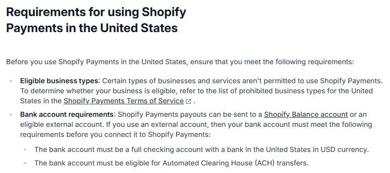 Ảnh chụp yêu cầu tài khoản ngân hàng của Shopify Payments tại Mỹ: tài khoản USD nhận được chuyển khoản ACH