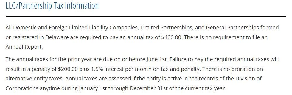 Ảnh chụp quy định thuế năm LLC Delaware: $400, không cần báo cáo năm, hạn 1/6, phạt $200 và lãi 1,5%/tháng, không chia theo tháng