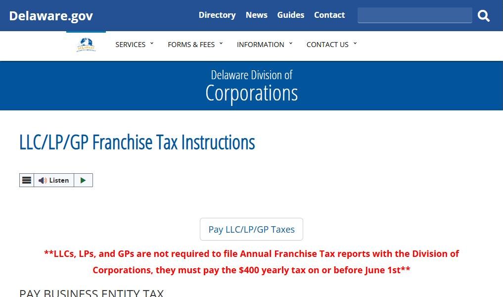 Ảnh chụp trang LLC/LP/GP Franchise Tax Instructions của Delaware Division of Corporations, thuế $400 nộp trước 1/6